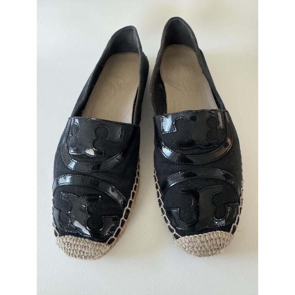 Tory Burch Espadrille Shoes Womens Size 10.5 Poppy Flats Black Canvas Logo
